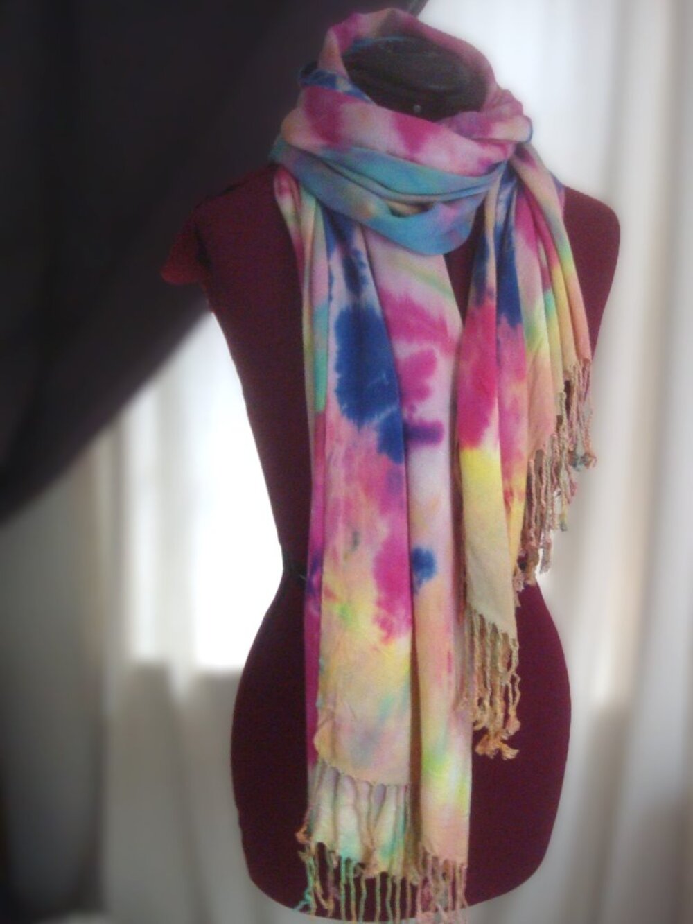 Boho Tie Dye Long Scarf Shawl Fringe Bright MultiColor Dopamine